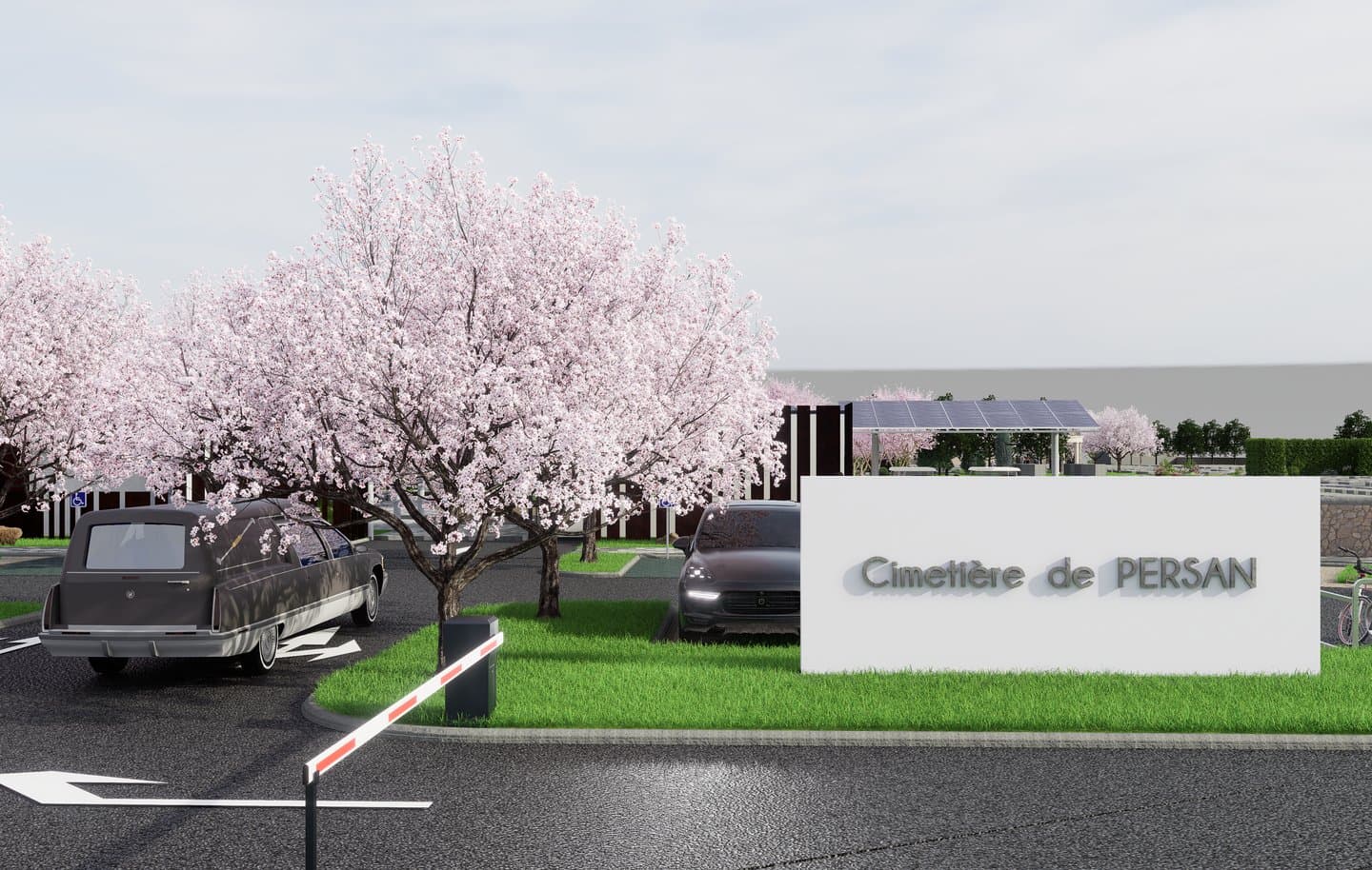 Entrée du cimetière, allée plantée de cerisiers