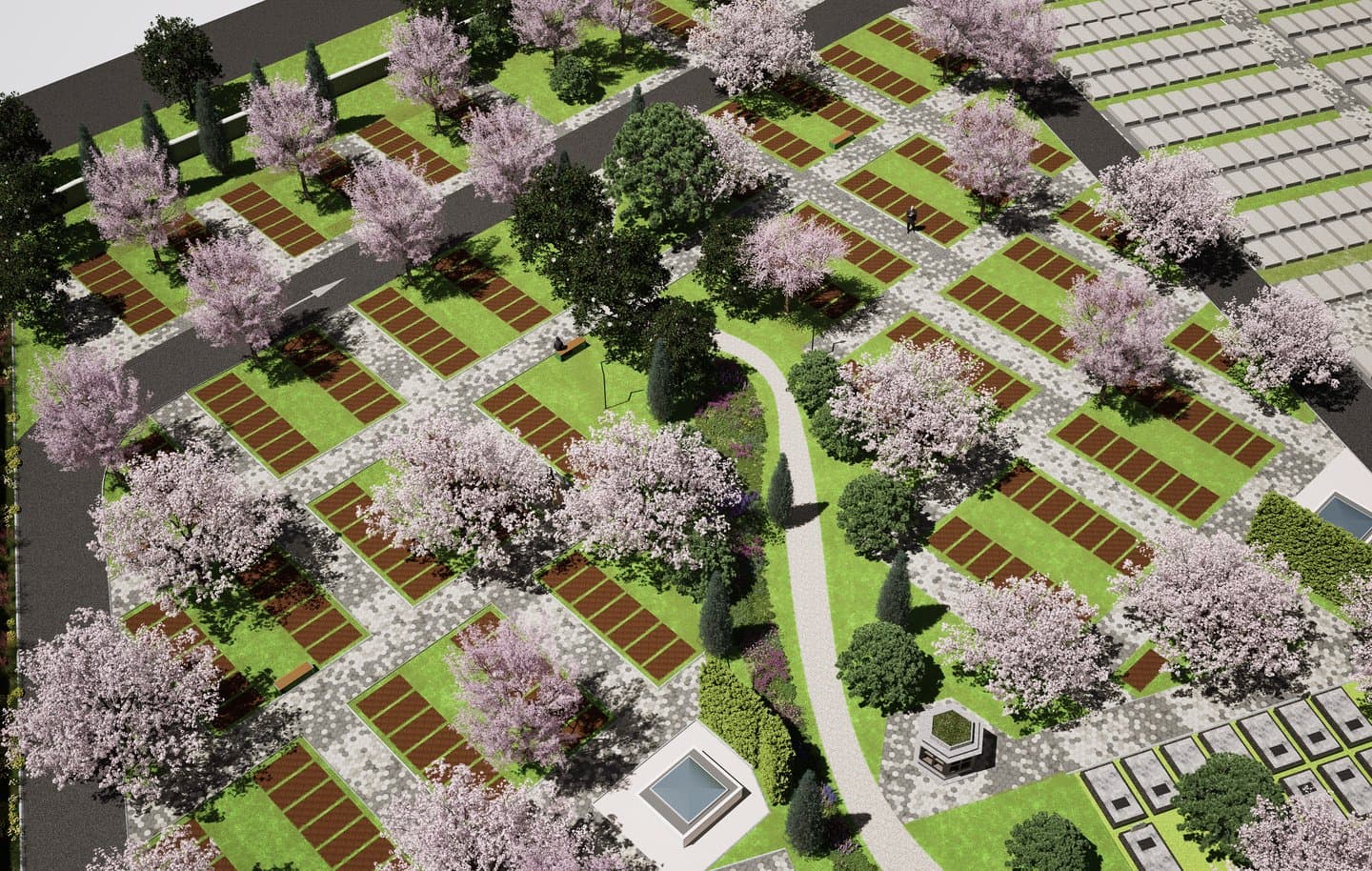 Jardin paysager et carrés, allées plantées