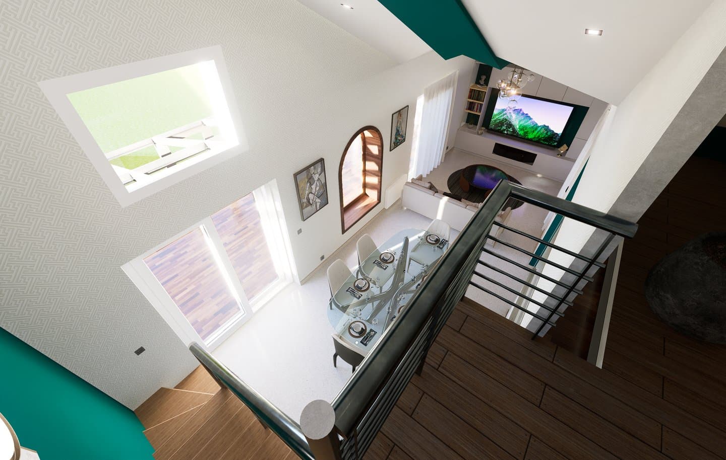 Vue plongeante depuis la mezzanine sur la salle à manger
