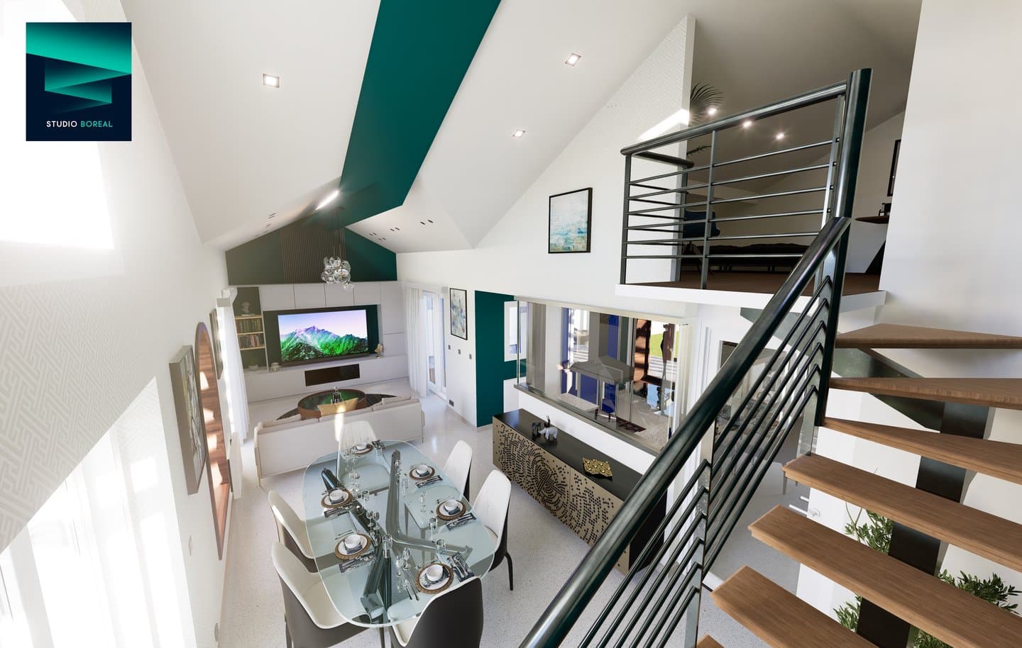 Vue depuis la mezzanine sur le séjour et la salle à manger